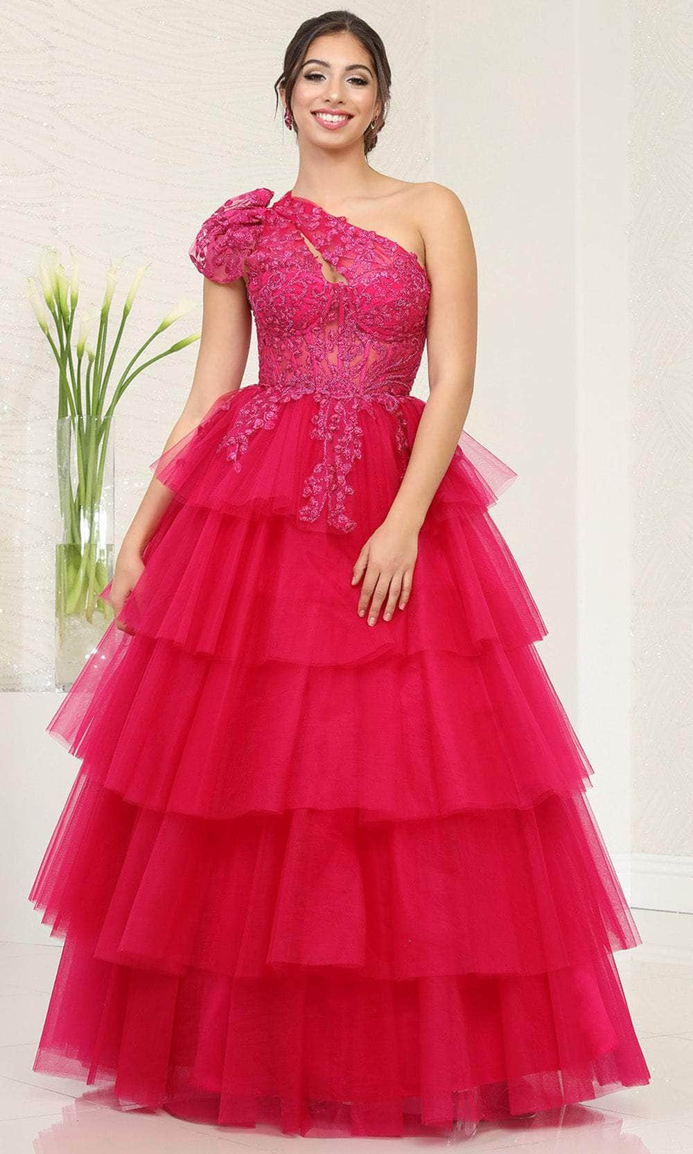 May Queen RQ8119 - One Shoulder Ruffled Ballgown Quinceanera Dresses 4 / Fuchsia