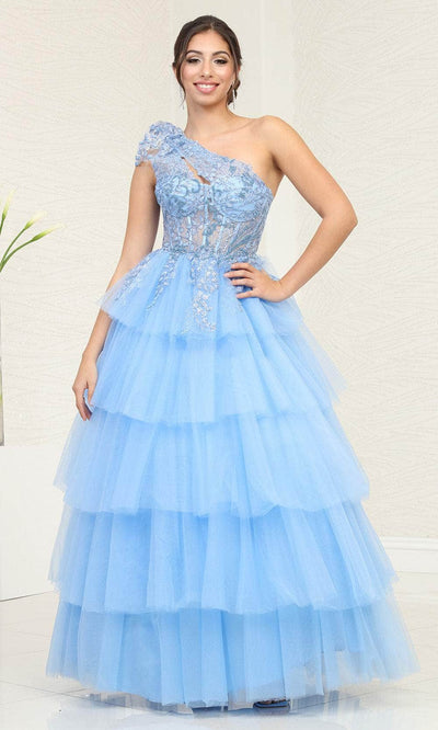 May Queen RQ8119 - One Shoulder Ruffled Ballgown Quinceanera Dresses 4 / Smoke/Blue