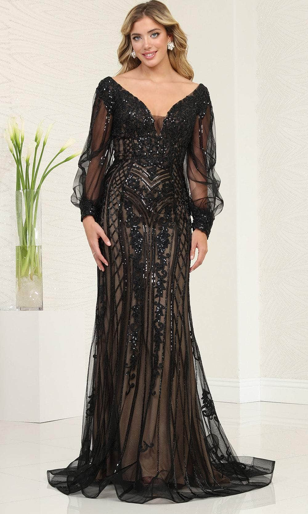 May Queen RQ8125 - Bishop Sleeve Ornate Long Gown Special Occasion Dresses