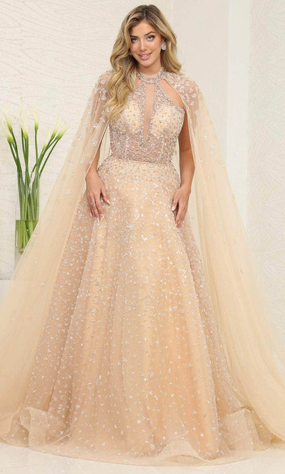 May Queen RQ8133 - Embellished Cape Evening Dress Special Occasion Dresses 4 / Champagne