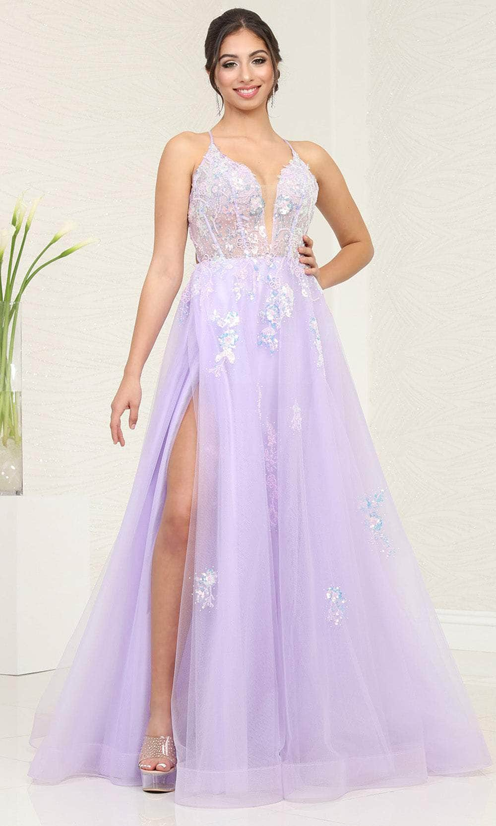 May Queen RQ8136 - Deep V-Neck Tulle Prom Dress Special Occasion Dresses 2 / Lilac