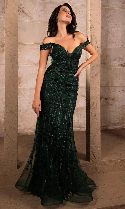 May Queen RQ8157 - Off-Shoulder Sheath Evening Dress Prom Dresses 4 /  Hunter Green