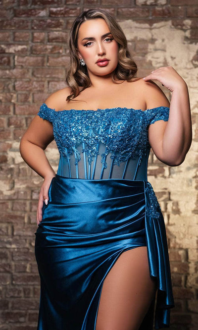 May Queen RQ8173 - Off-Shoulder High Slit Evening Dress Prom Dresses