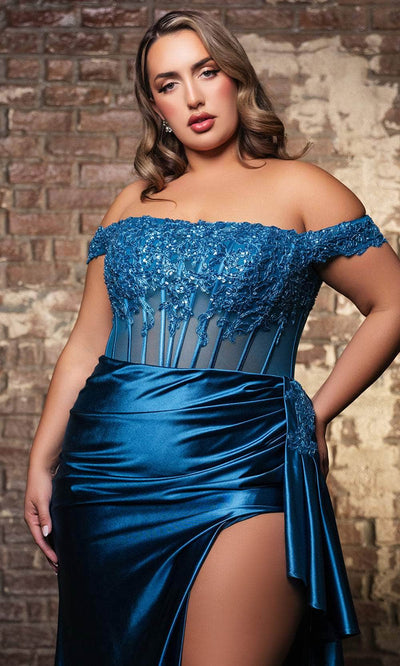 May Queen RQ8173 - Off-Shoulder High Slit Evening Dress Prom Dresses