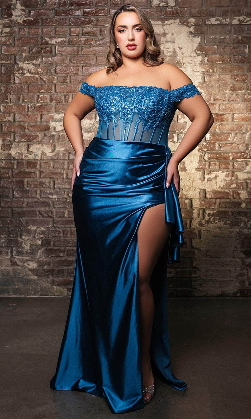 May Queen RQ8173 - Off-Shoulder High Slit Evening Dress Prom Dresses