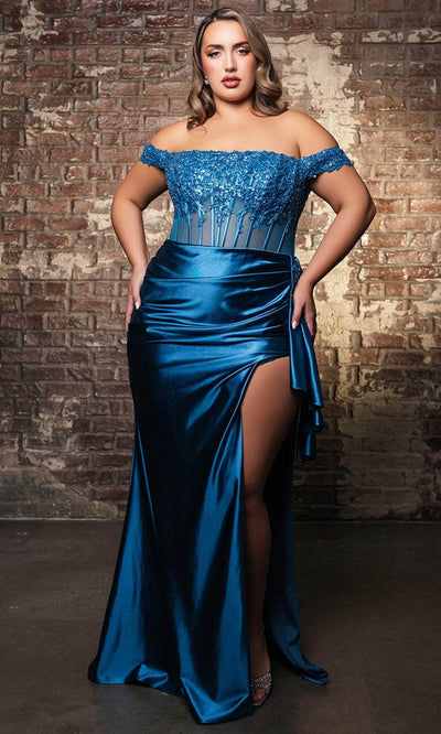 May Queen RQ8173 - Off-Shoulder High Slit Evening Dress Prom Dresses