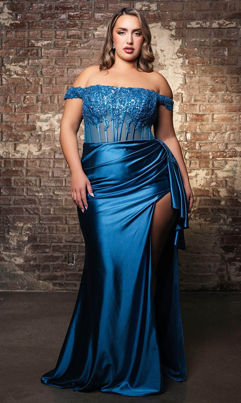 May Queen RQ8173 - Off-Shoulder High Slit Evening Dress Prom Dresses