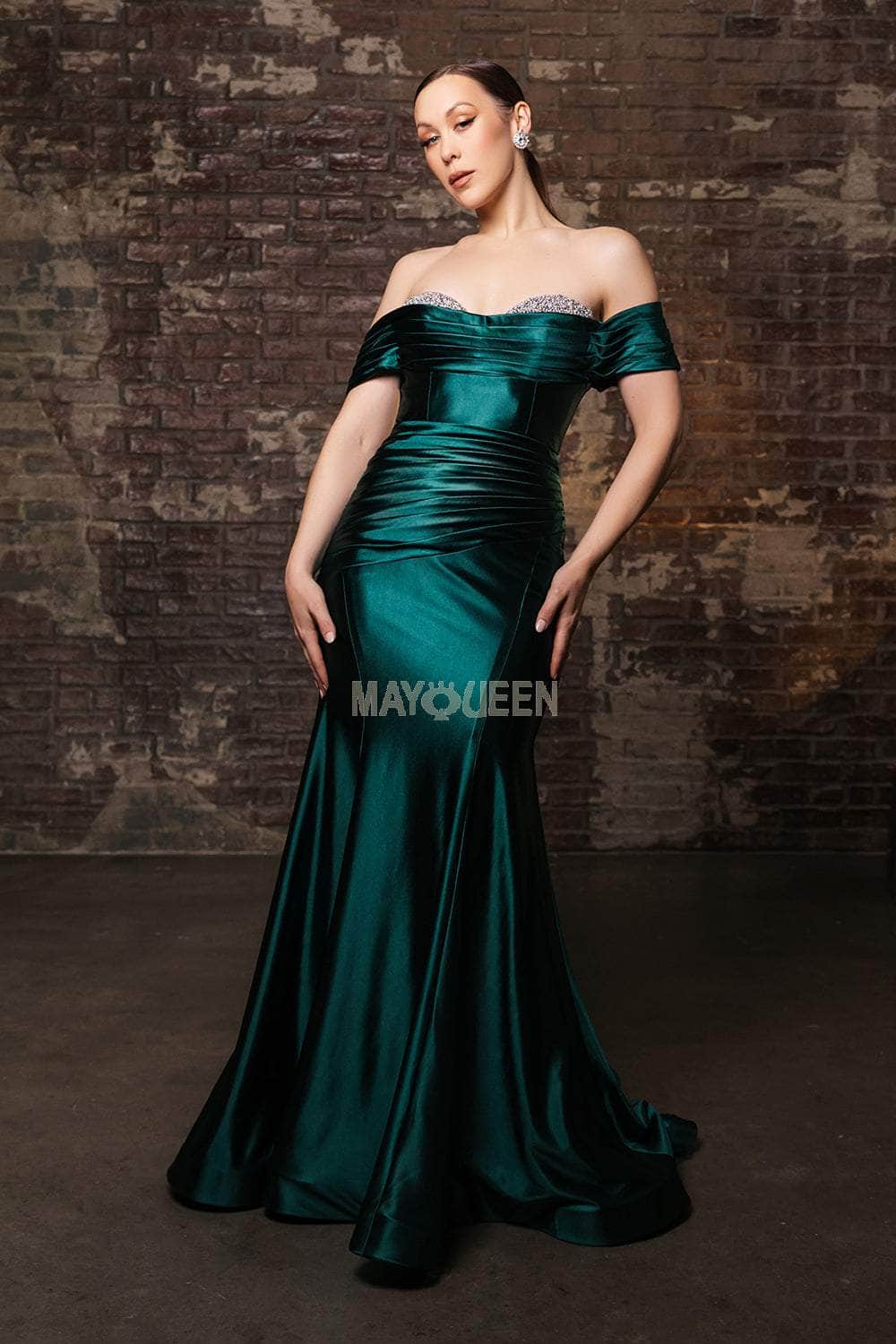 May Queen RQ8189 - Long Satin Mermaid Dress - Short Sleeves, Ruched Bodice, Beaded Bust Detail, Sweep Train, Open Back 16 / Hunter Green May Queen RQ8189 - Long Satin Mermaid Dress - Short Sleeves, Ruched Bodice, Beaded Bust Detail, Sweep Train, Open Back 16 / Hunter Green