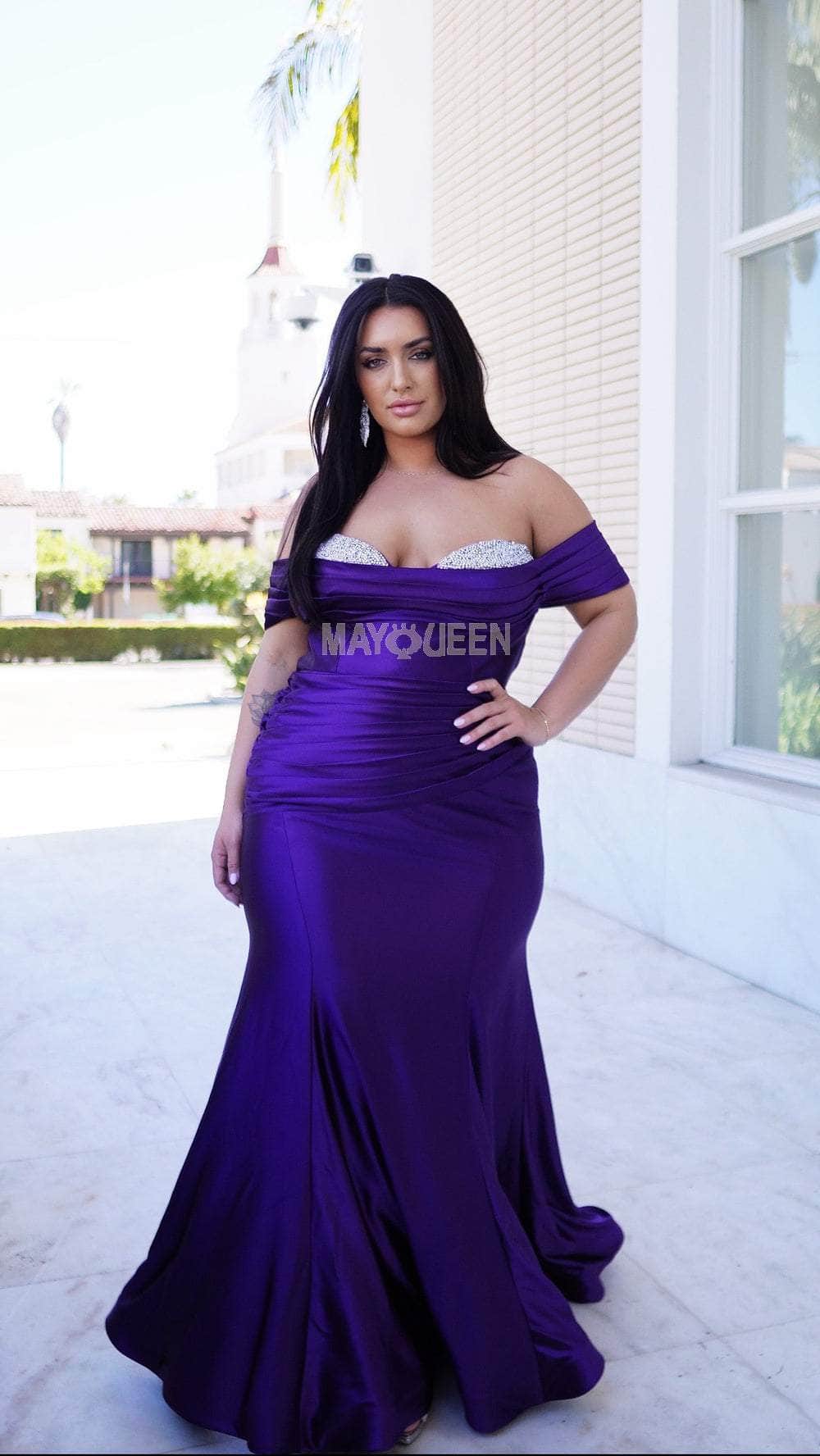 May Queen RQ8189B - Long Satin Mermaid Dress - Beaded Embellishment, Draped Short Sleeves, Ruched, Sweep Train 24 / Royal Blue May Queen RQ8189B - Long Satin Mermaid Dress - Beaded Embellishment, Draped Short Sleeves, Ruched, Sweep Train 24 / Royal Blue