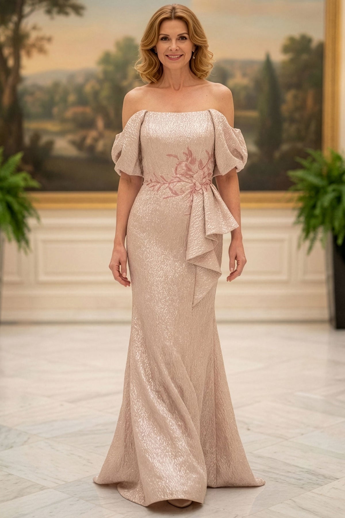 MGNY By Mori Lee 2070035 - Metallic Jacquard Off Shoulder Evening Gown