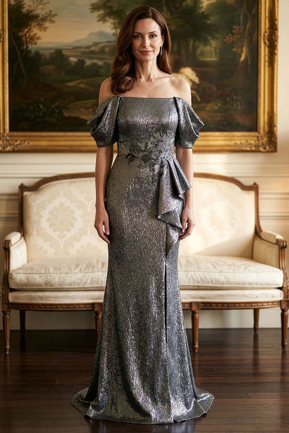 MGNY By Mori Lee 2070035 - Metallic Jacquard Off Shoulder Evening Gown
