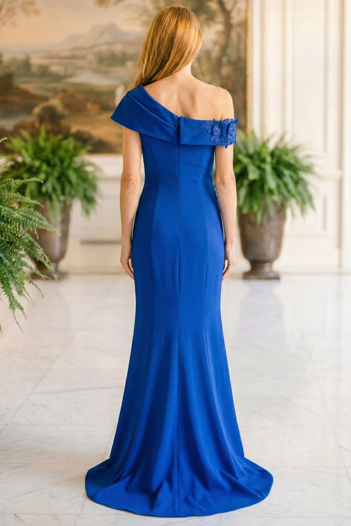 MGNY By Mori Lee 2070045 - Applique Ruffled Slit Crepe Evening Gown