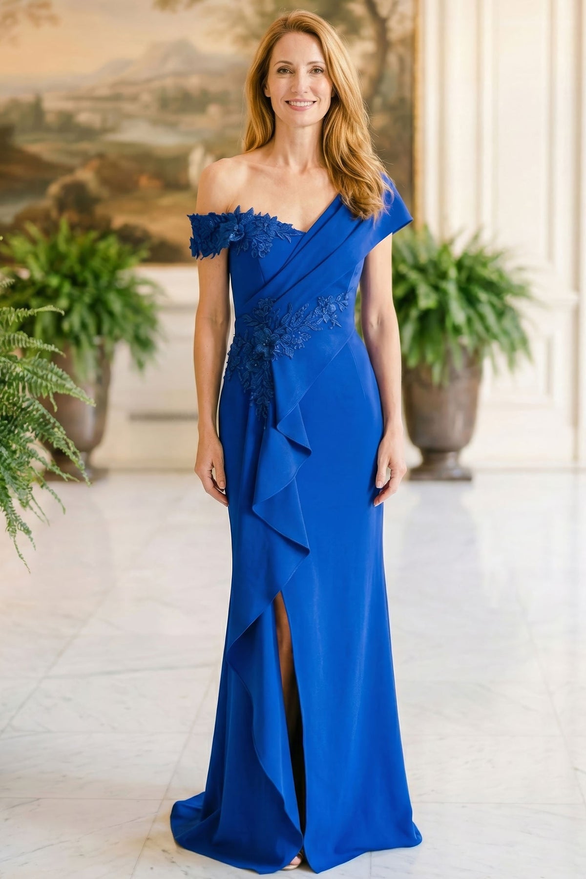 MGNY By Mori Lee 2070045 - Applique Ruffled Slit Crepe Evening Gown