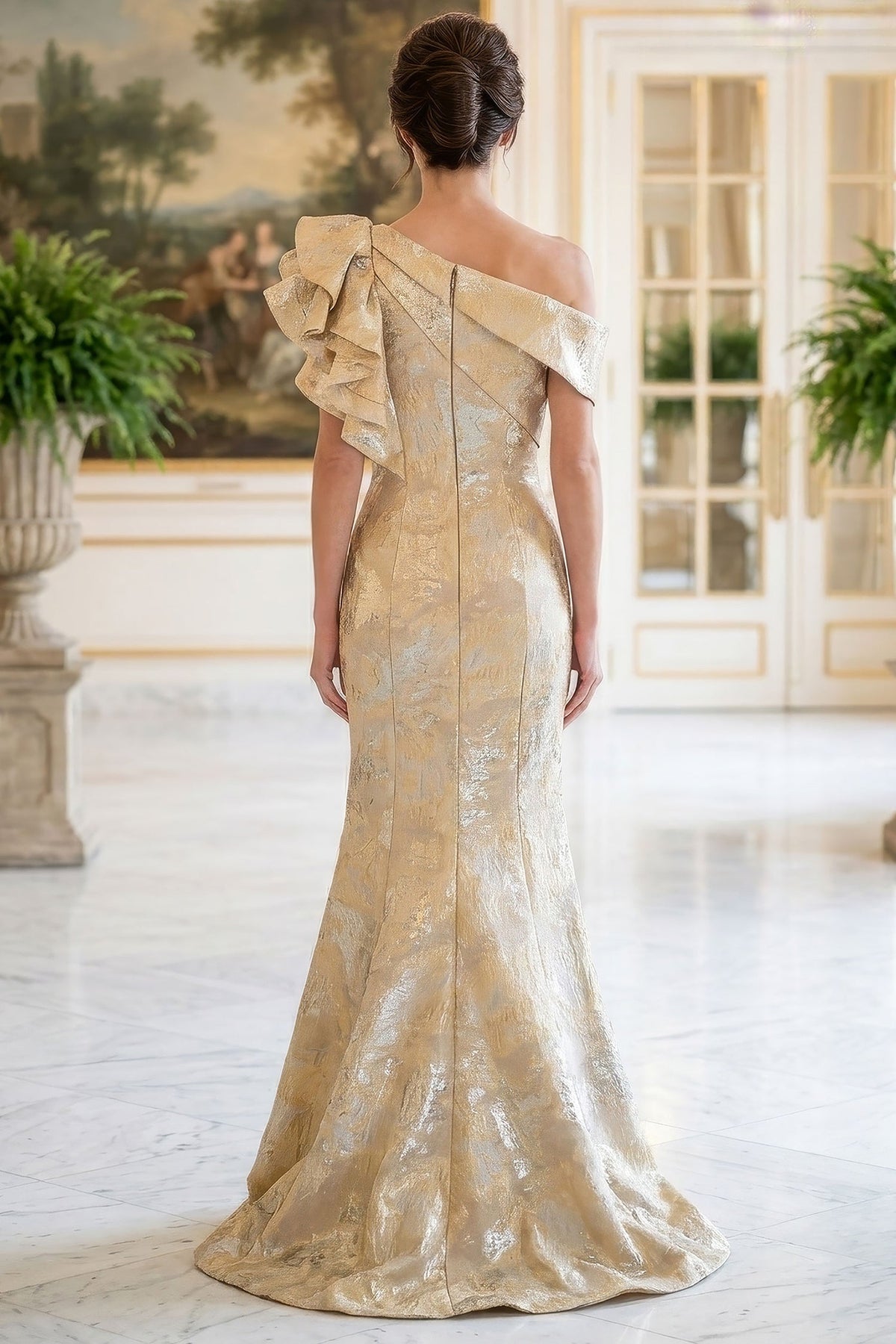 MGNY By Mori Lee 2070052 - Foldover One Shoulder Jacquard Evening Gown