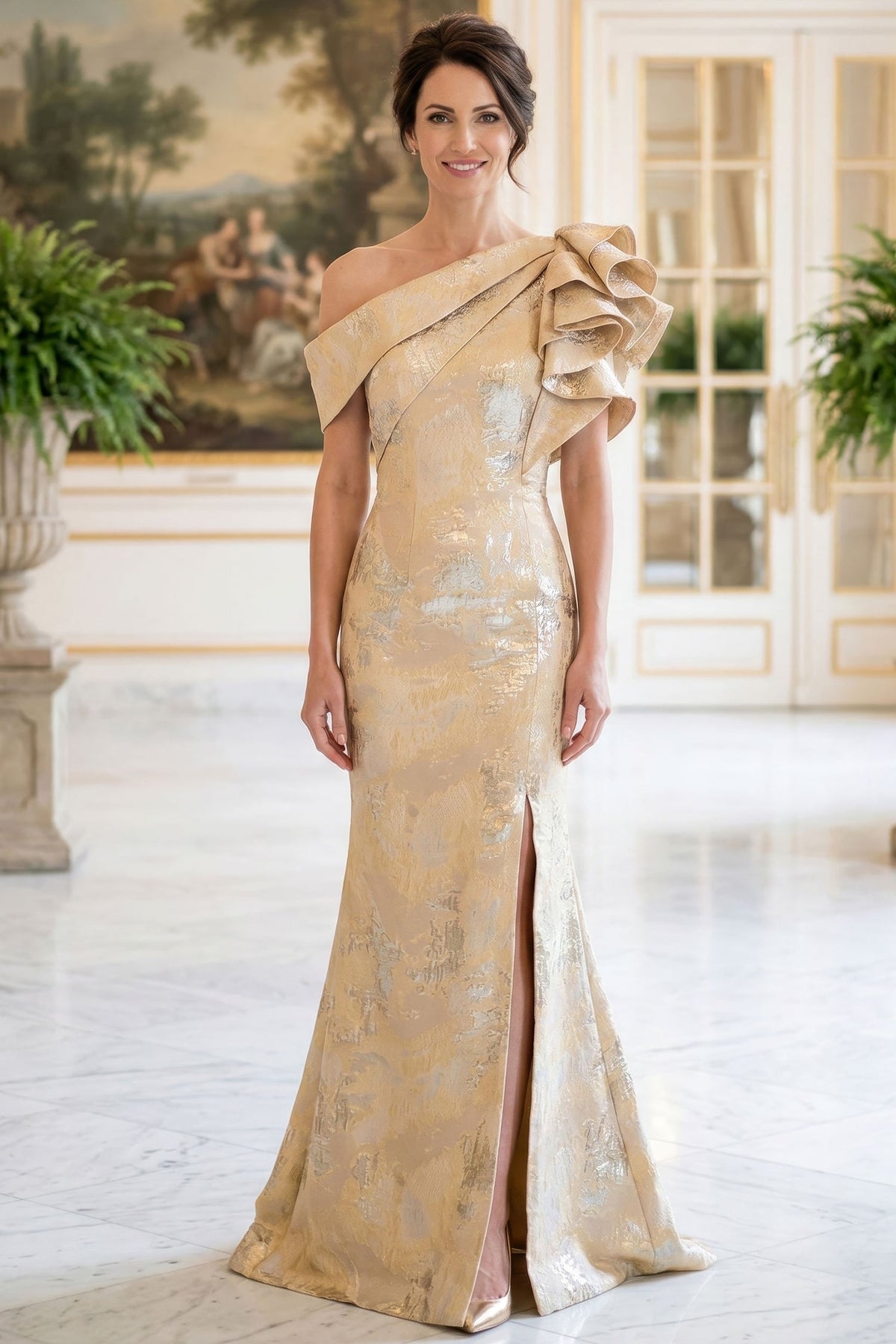 MGNY By Mori Lee 2070052 - Foldover One Shoulder Jacquard Evening Gown