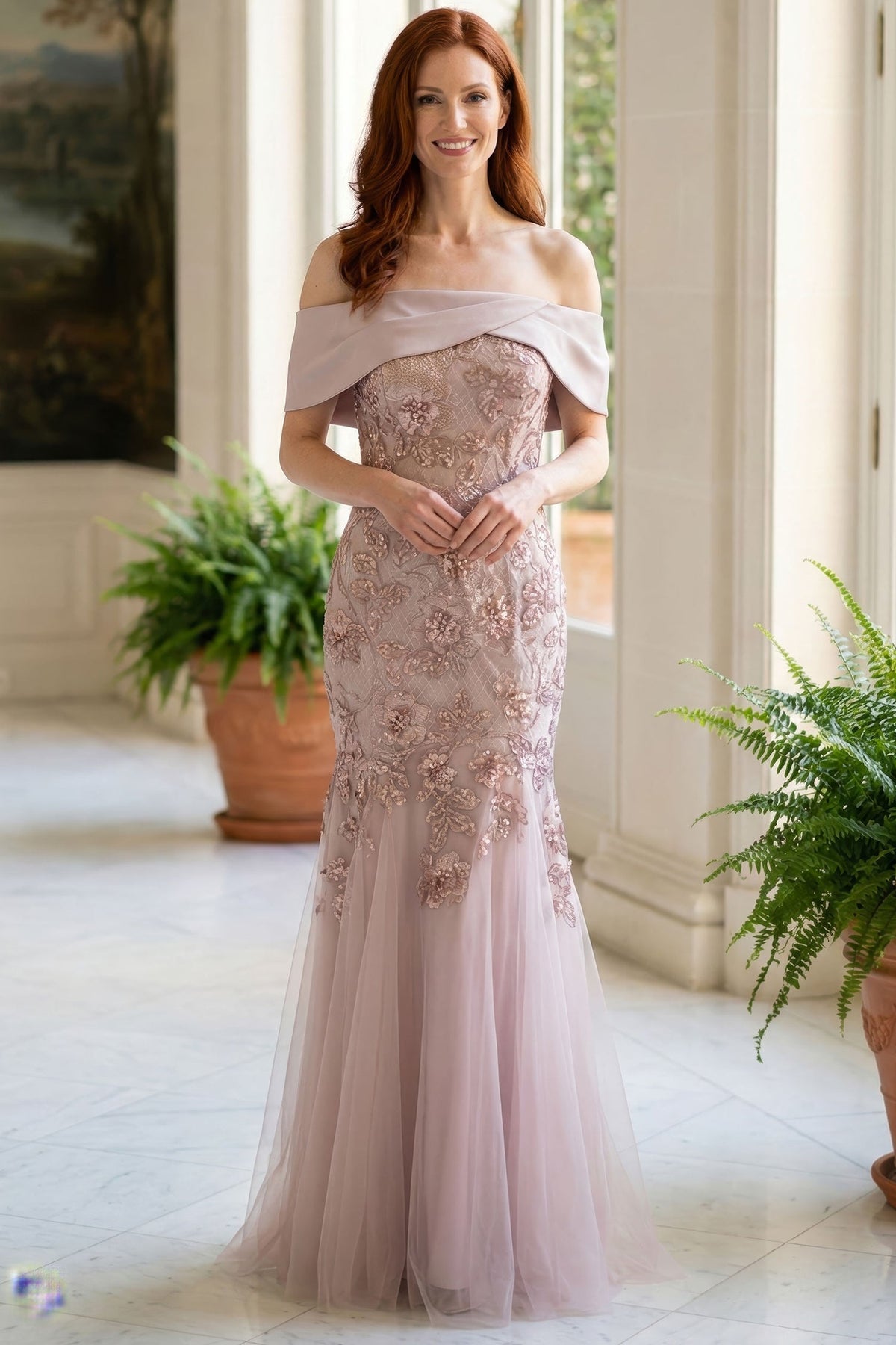 MGNY By Mori Lee 2070054 - Folded Off Shoulder Embroidered Evening Gown