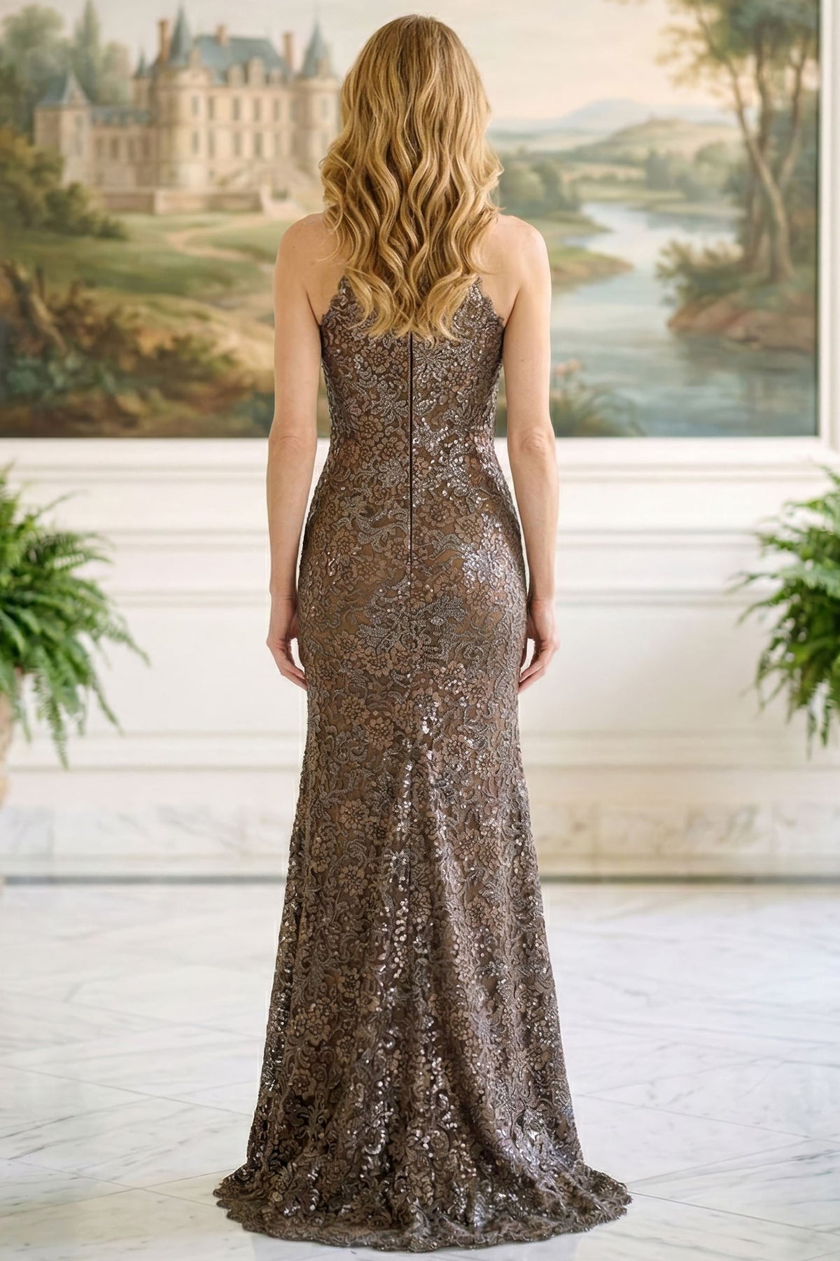 MGNY By Mori Lee 2070059 - Sequin Embroidered Tulle Halter Evening Gown