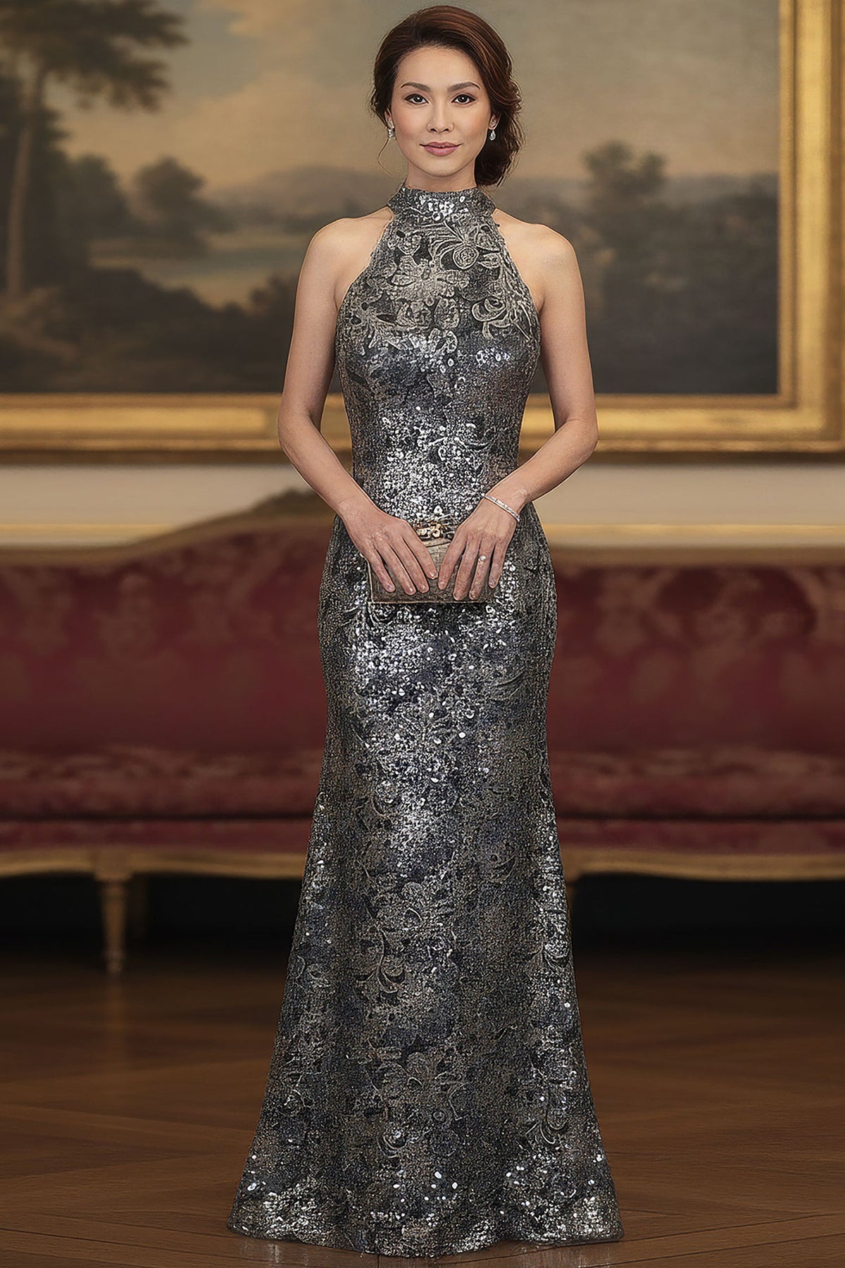MGNY By Mori Lee 2070059 - Sequin Embroidered Tulle Halter Evening Gown