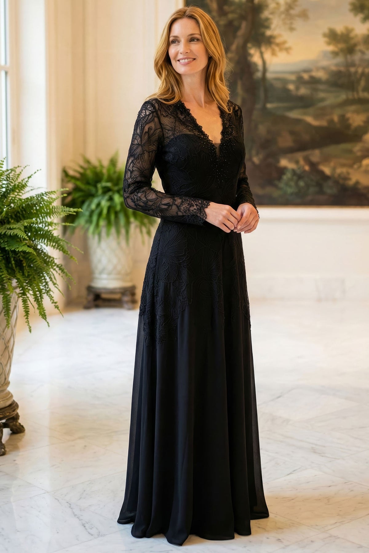 MGNY By Mori Lee 2070060 - Scalloped V-Neck Lace Evening Gown
