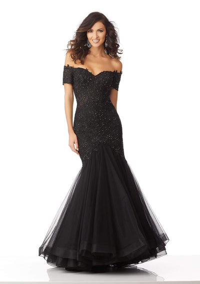 MGNY By Mori Lee - 71825 Lace Appliqued Off-Shoulder Trumpet Dress Pageant Dresses 0 / Black