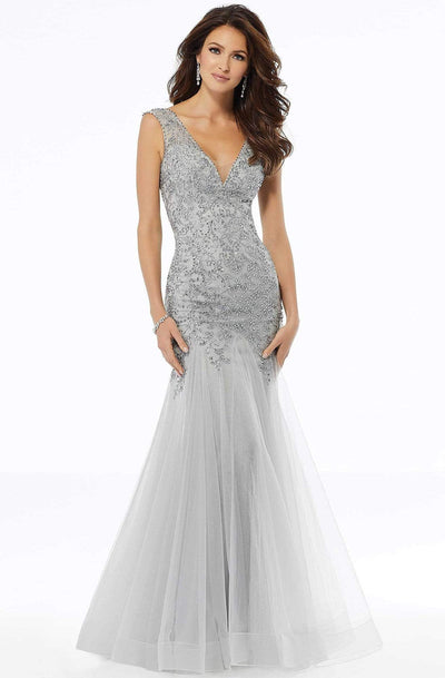 MGNY By Mori Lee - 72103 Beaded Plunging V-Neck Trumpet Dress Evening Dresses 2 / Silver