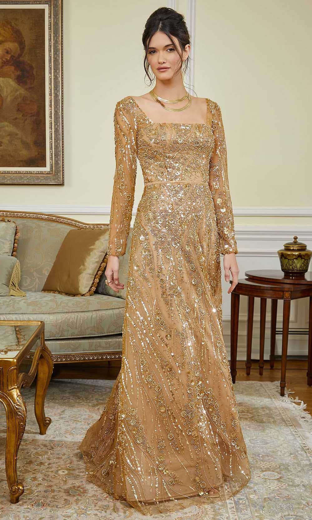 MGNY by Mori Lee 72843 - Square Neck Beaded Evening Gown Evening Dresses 00 / Gold