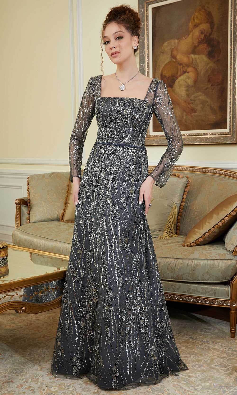 MGNY by Mori Lee 72843 - Square Neck Beaded Evening Gown Evening Dresses 00 / Gunmetal