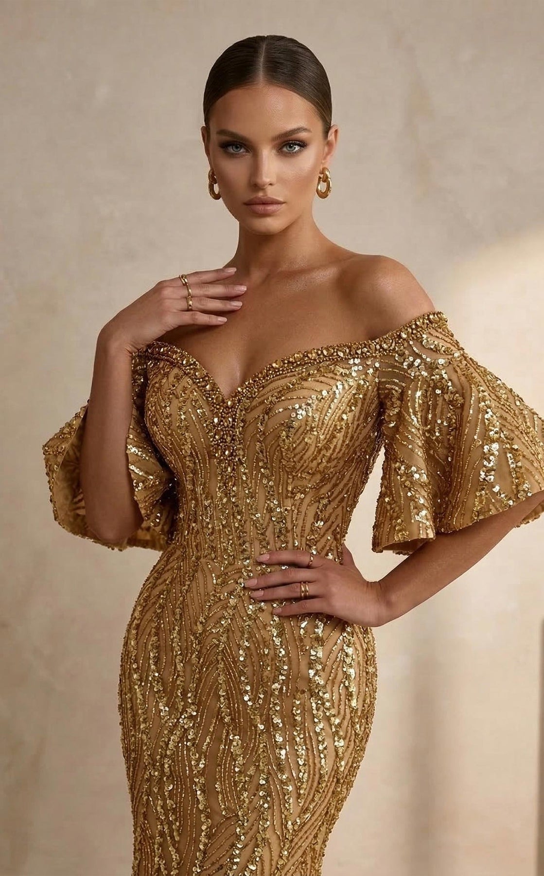 MNM COUTURE 2529A - Heavily Embellished Off Shoulder Evening Gown