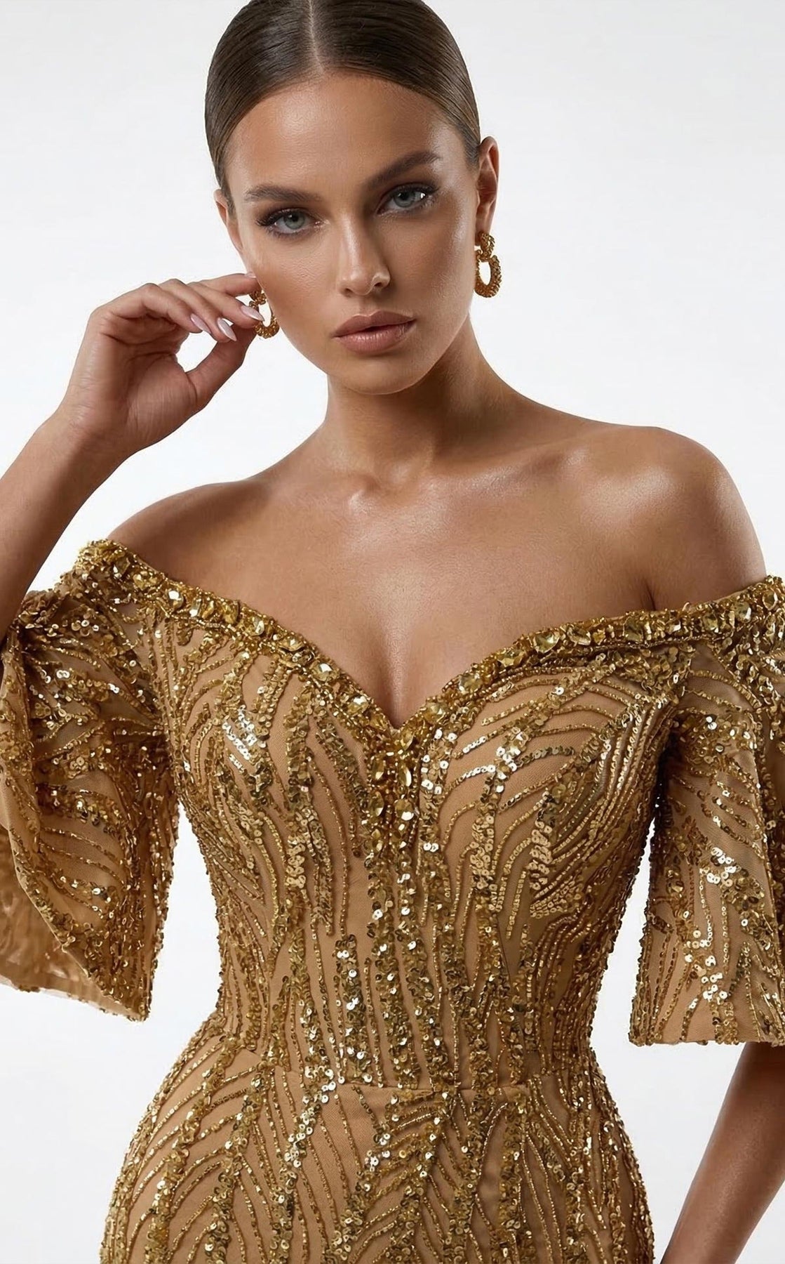 MNM COUTURE 2529A - Heavily Embellished Off Shoulder Evening Gown