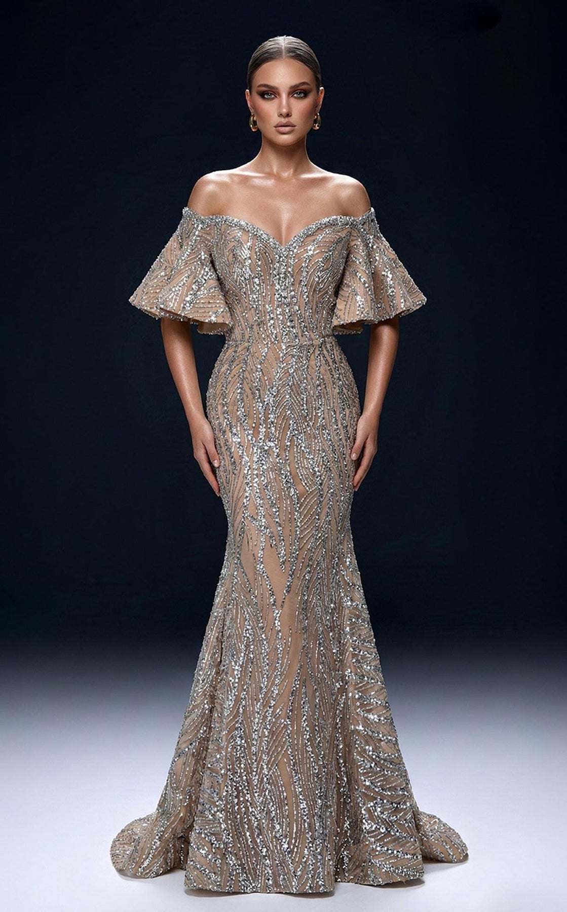 MNM COUTURE 2529A - Heavily Embellished Off Shoulder Evening Gown