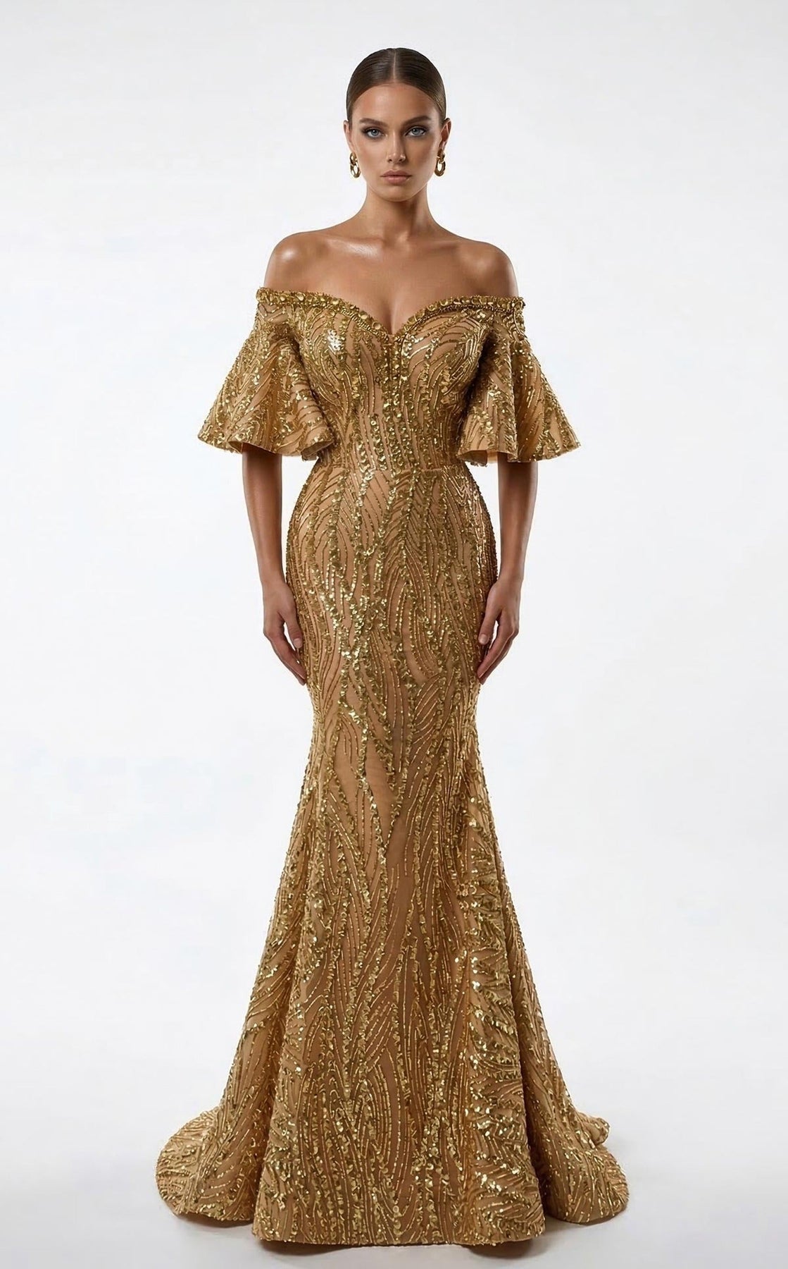 MNM COUTURE 2529A - Heavily Embellished Off Shoulder Evening Gown