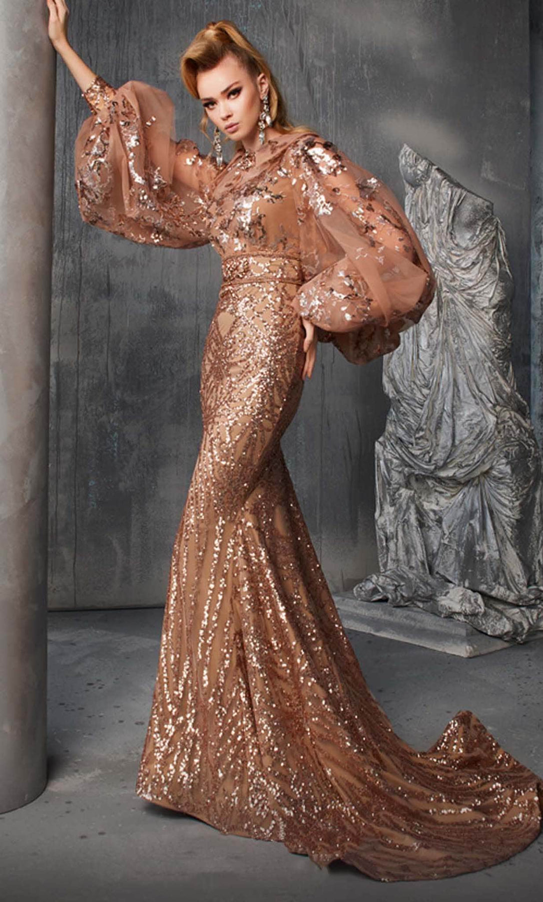 MNM Couture 2637 - Bishop Sleeve Gold Evening Gown Evening Dresses