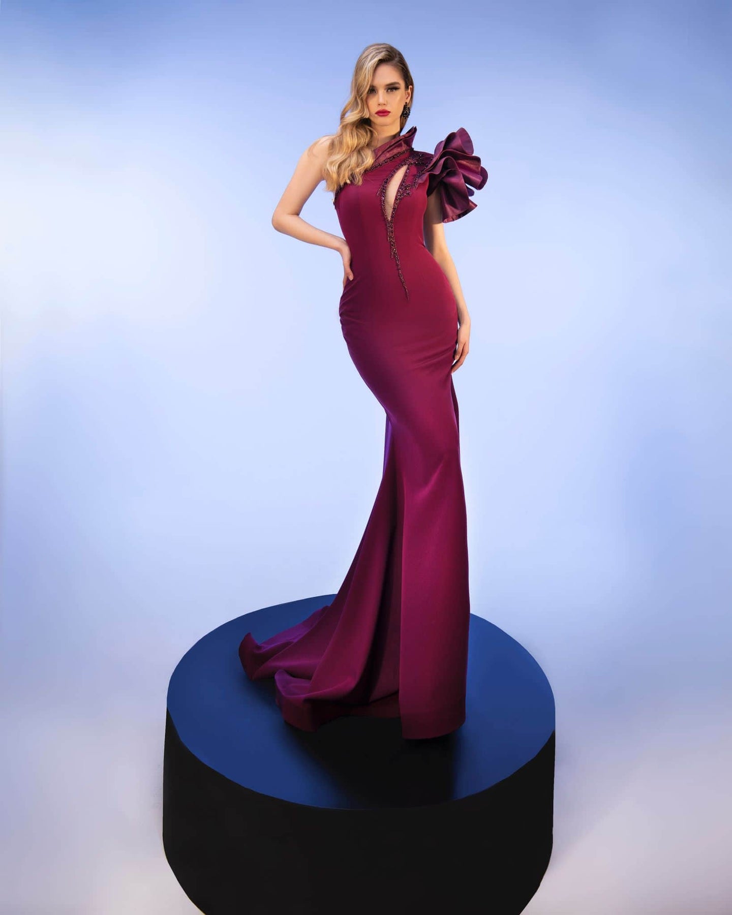 MNM COUTURE 2736A - One-Shoulder Ruffle Sleeve Gown Special Occasion Dress