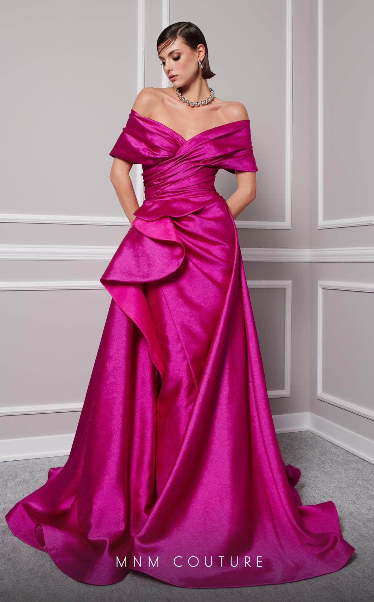 MNM Couture 2747A - Mermaid Overskirt Evening Gown Special Occasion Dresses 4 / Fuchsia