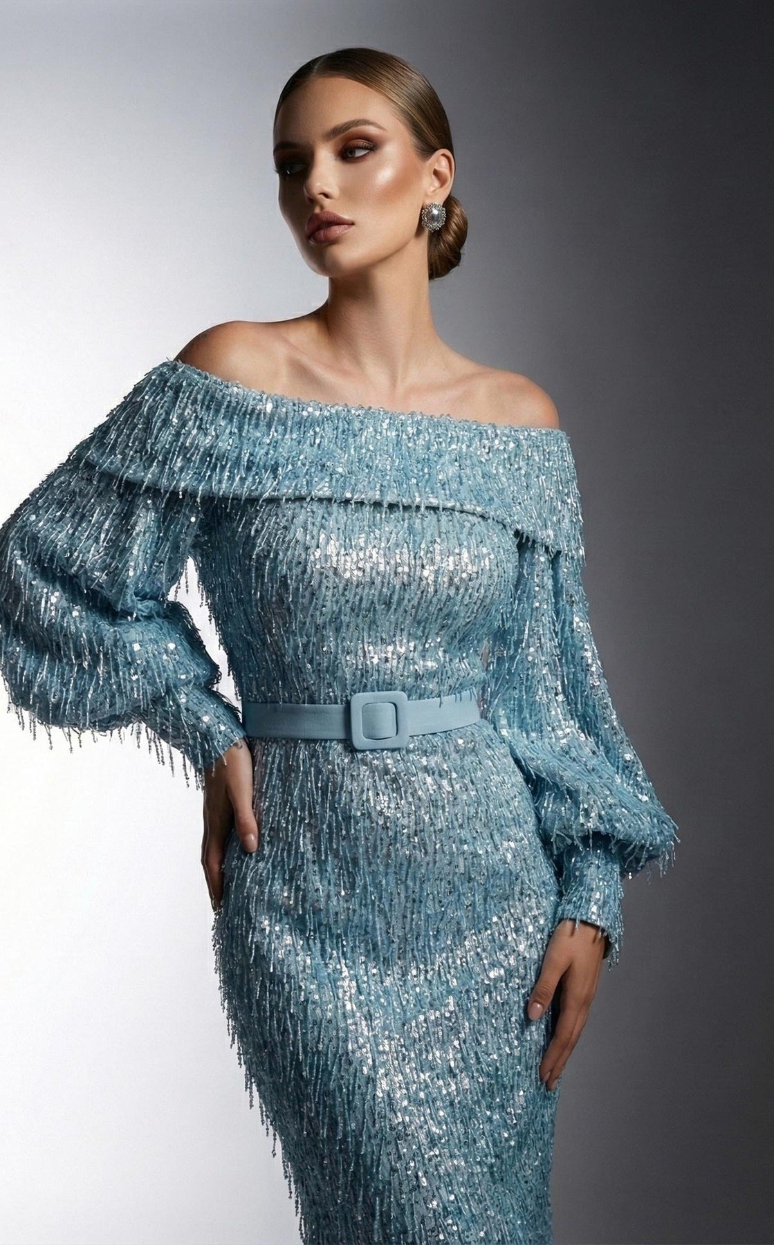 MNM COUTURE 2752A - Off Shoulder Fringe Embellished Evening Gown