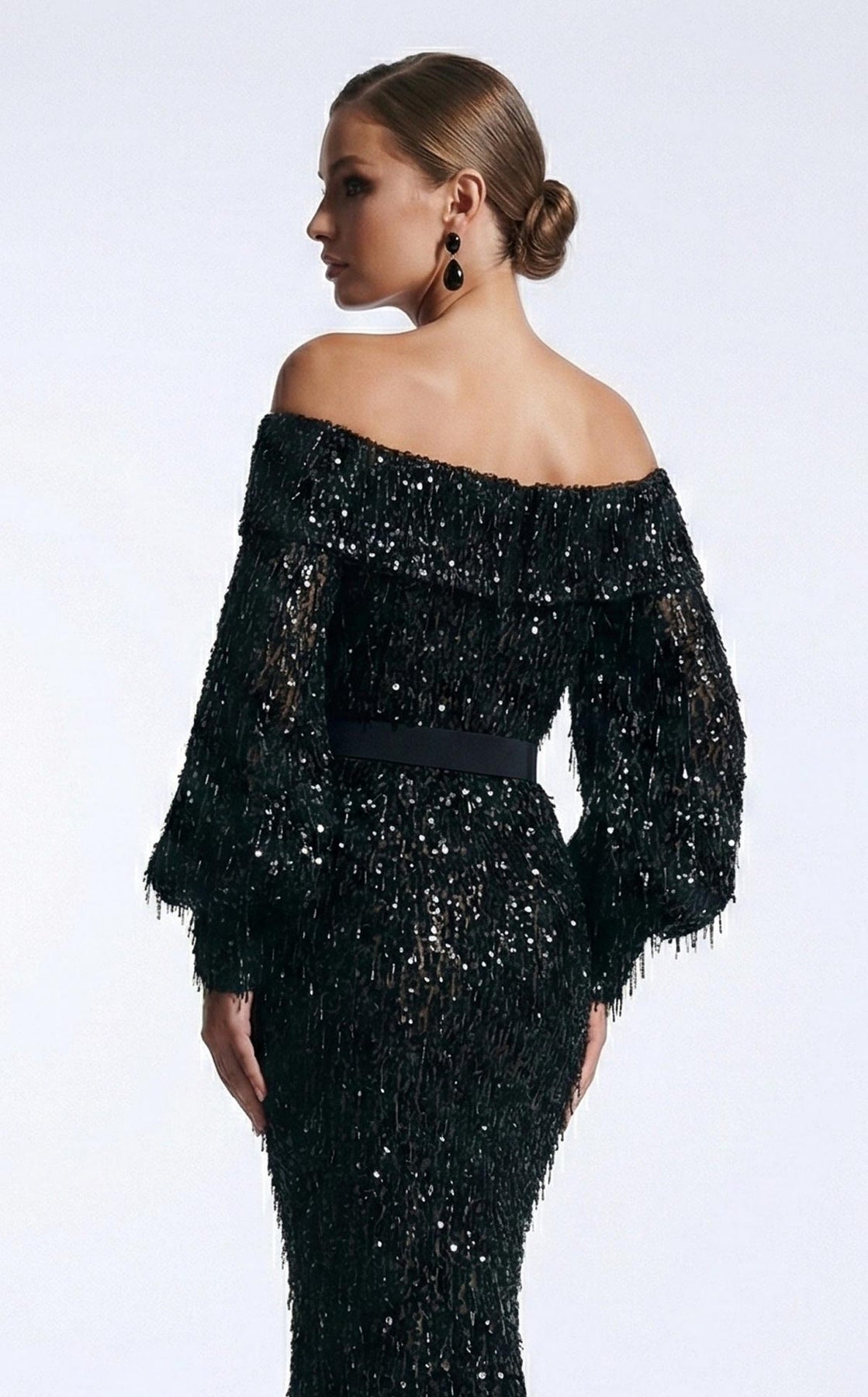 MNM COUTURE 2752A - Off Shoulder Fringe Embellished Evening Gown