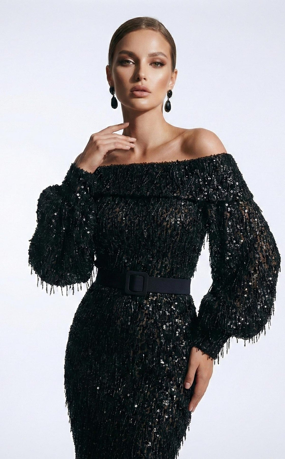 MNM COUTURE 2752A - Off Shoulder Fringe Embellished Evening Gown