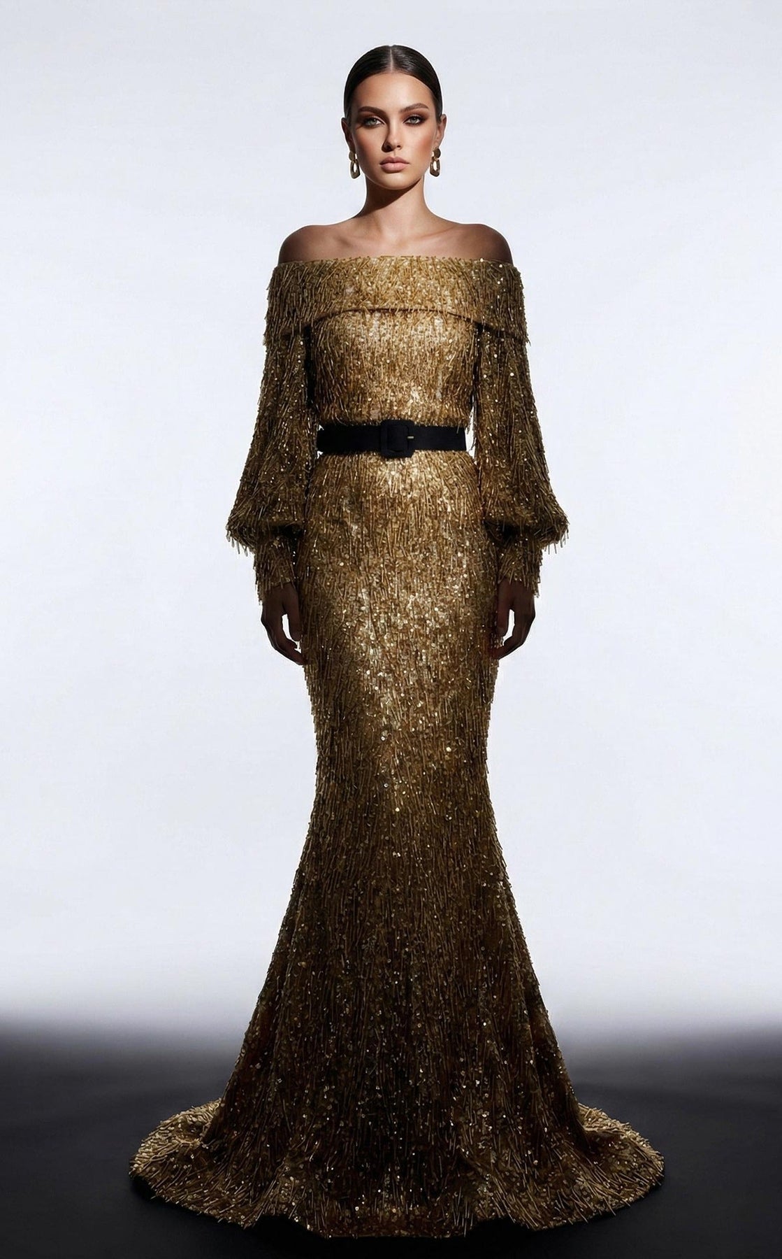 MNM COUTURE 2752A - Off Shoulder Fringe Embellished Evening Gown
