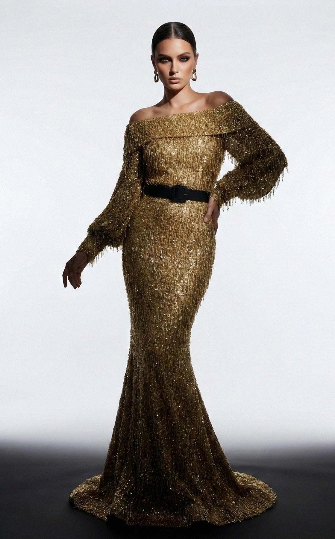 MNM COUTURE 2752A - Off Shoulder Fringe Embellished Evening Gown