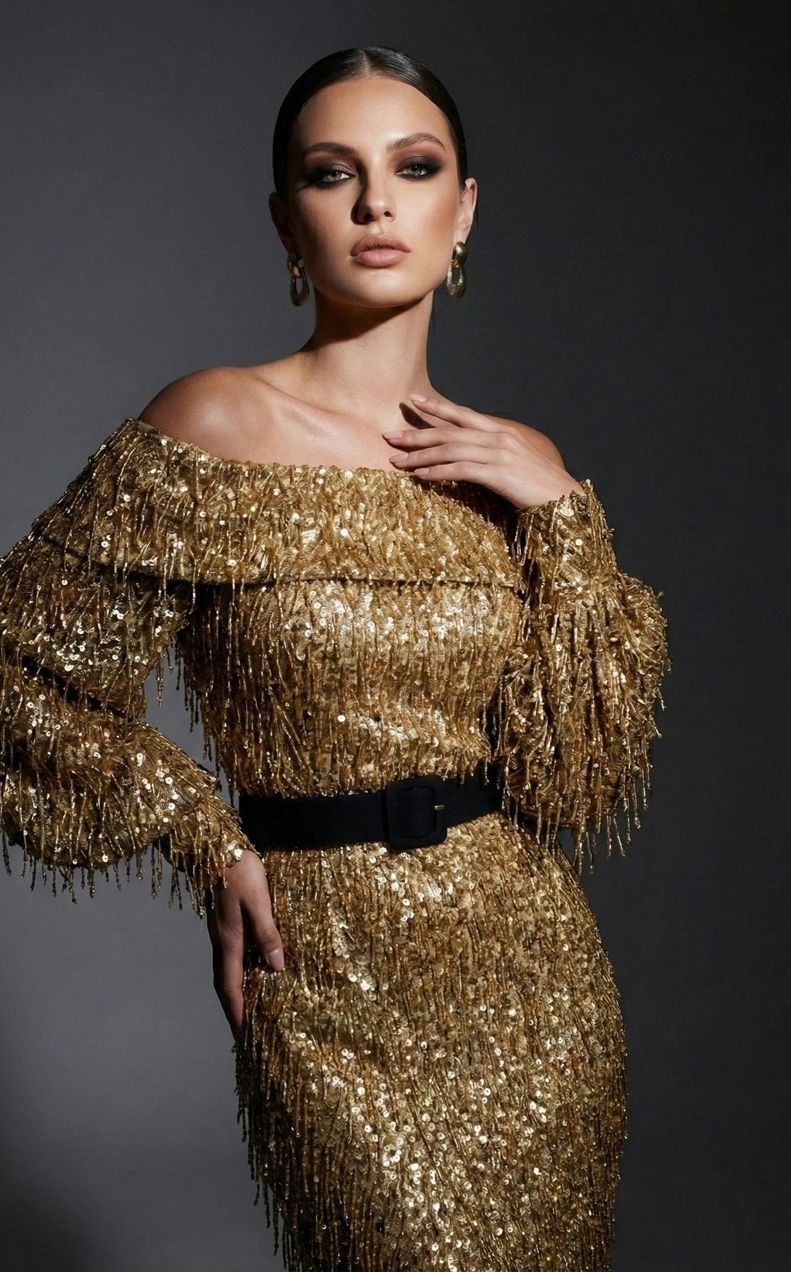 MNM COUTURE 2752A - Off Shoulder Fringe Embellished Evening Gown