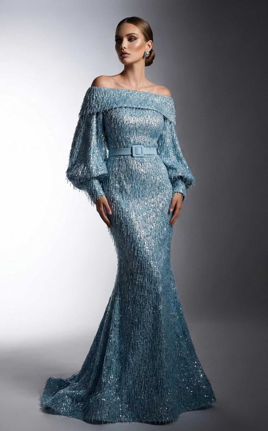 MNM COUTURE 2752A - Off Shoulder Fringe Embellished Evening Gown