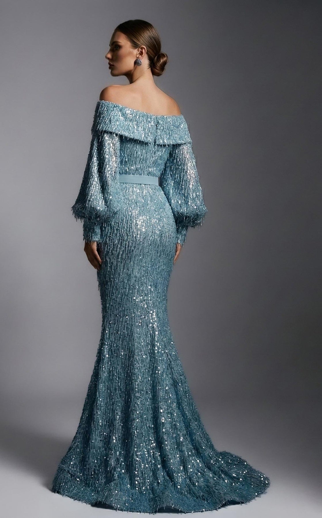 MNM COUTURE 2752A - Off Shoulder Fringe Embellished Evening Gown