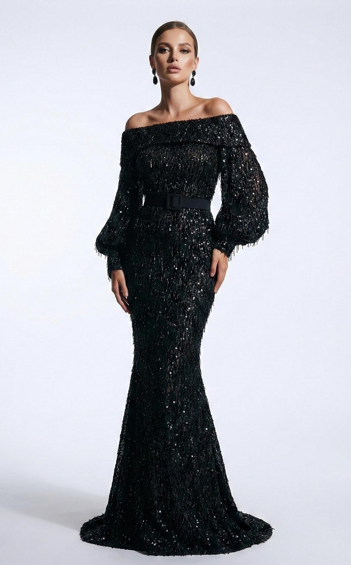 MNM COUTURE 2752A - Off Shoulder Fringe Embellished Evening Gown