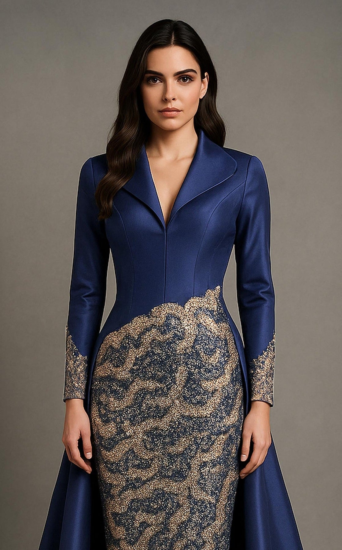 MNM COUTURE B1177 - Long Sleeve Collared Evening Gown