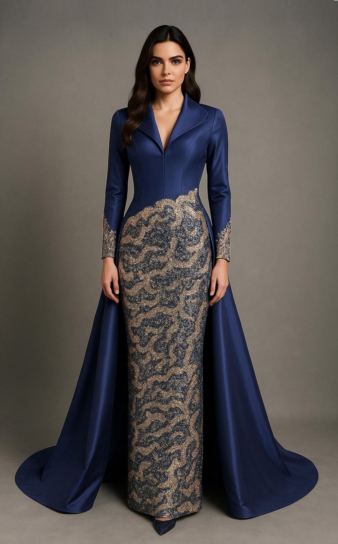 MNM COUTURE B1177 - Long Sleeve Collared Evening Gown