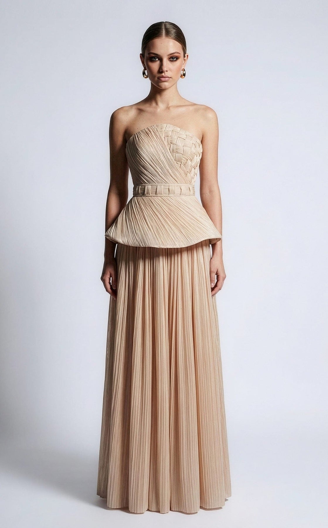 MNM COUTURE B1186 - Peplum Waist Accordion Pleated Evening Gown
