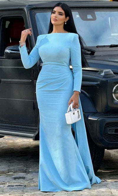 MNM Couture E0073 - Long Sleeve Dress with Side Draped Mother of the Bride Dresses