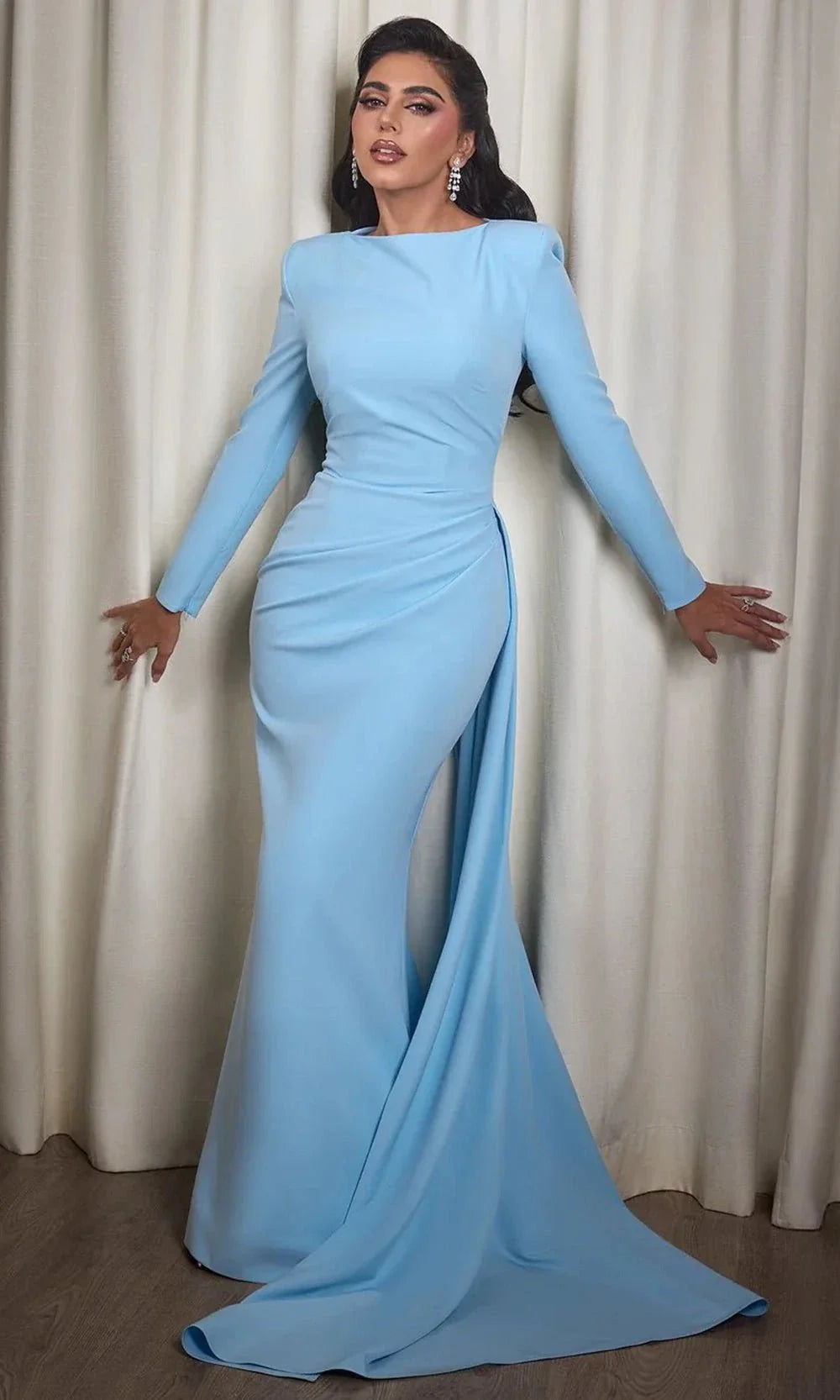 MNM Couture E0073 - Long Sleeve Dress with Side Draped Mother of the Bride Dresses