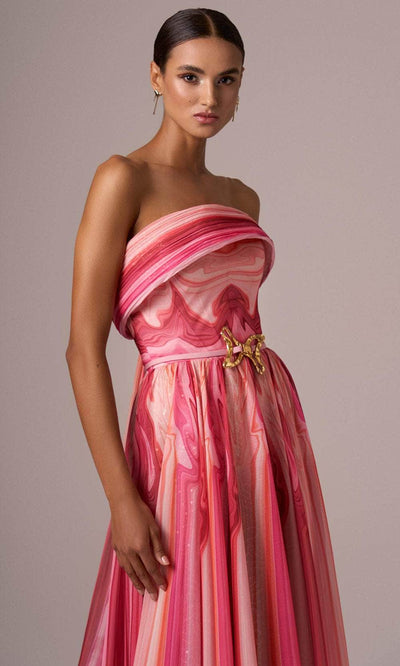 MNM Couture E0079 - Printed Straight Across Gown with Belt Evening Dresses