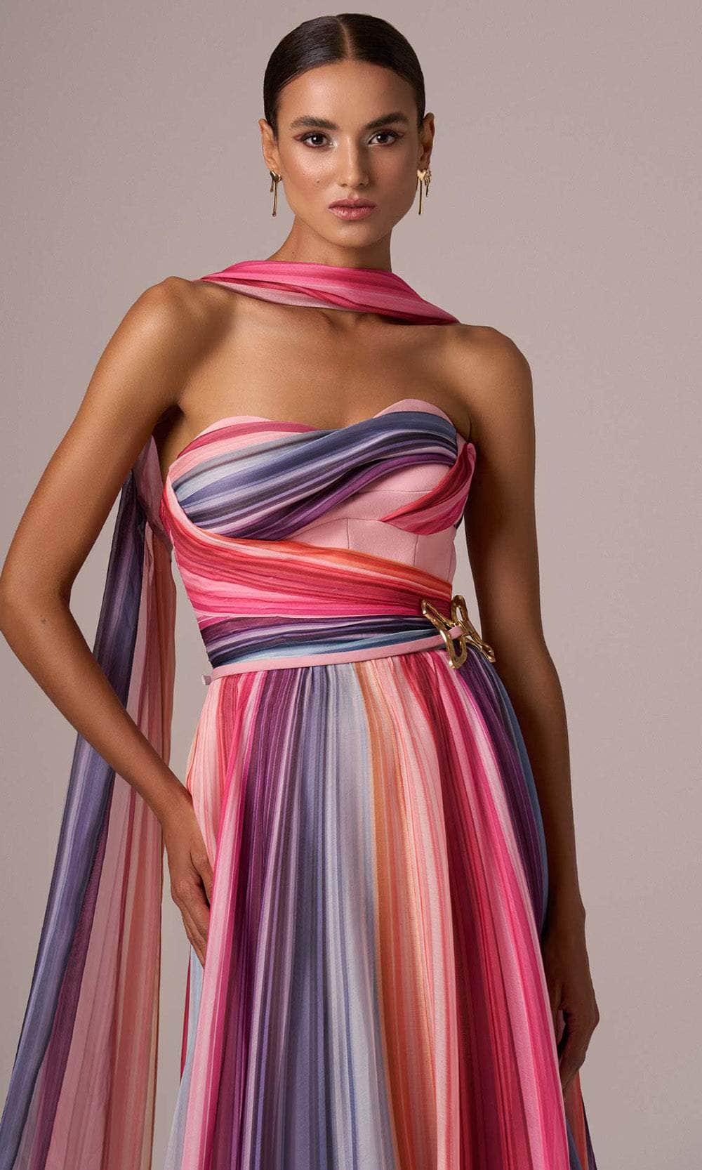 MNM Couture E0080 - Striped Strapless A-line Gown Evening Dresses